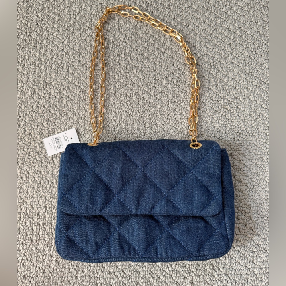 LOFT Navy Quilted Crossbody with Gold Chain Strap